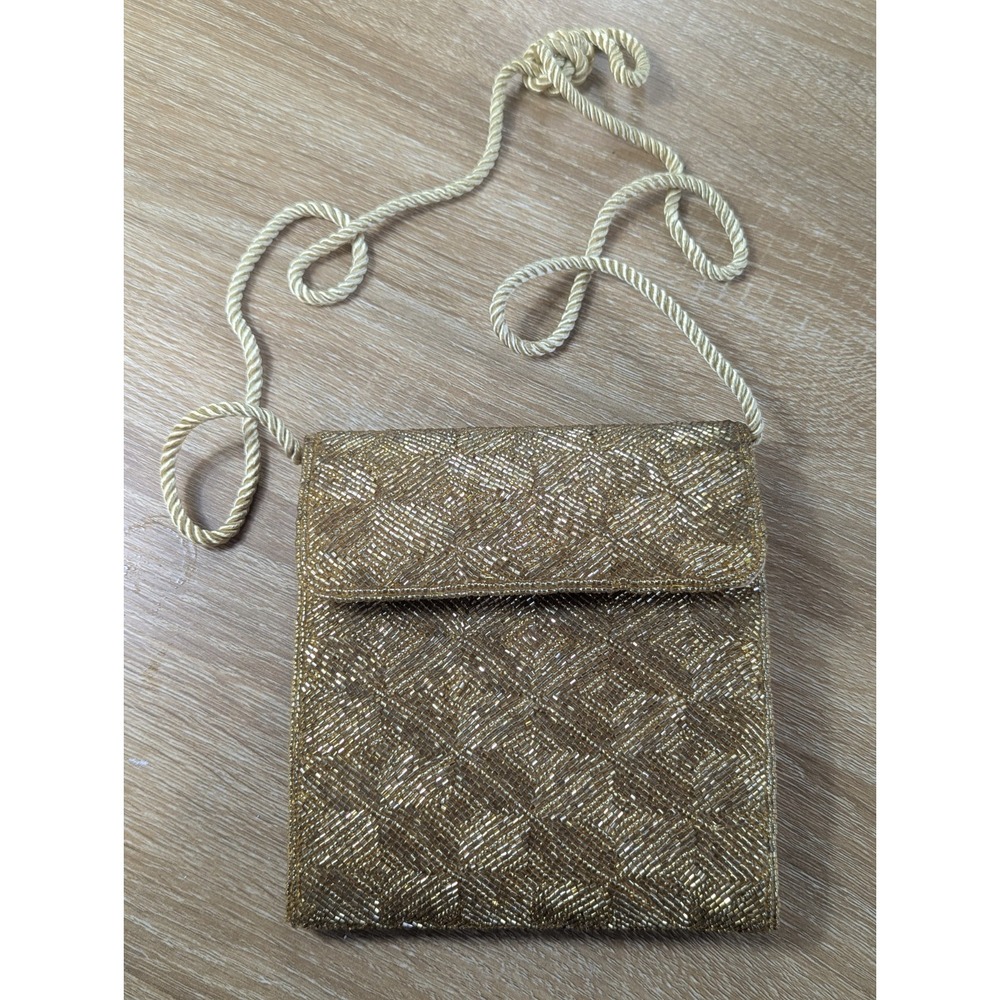 Vintage Carla Marchi Gold Beaded Evening Bag Geometric Diamond Envelope Purse